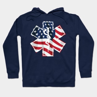 Patriotic Star of Life Paramedic EMT Medical Service Symbol with USA Flag Overlay Hoodie